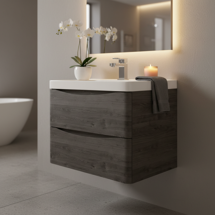 Baltimore 600mm Wall Mounted Vanity Unit & Basin - Graphite Oak