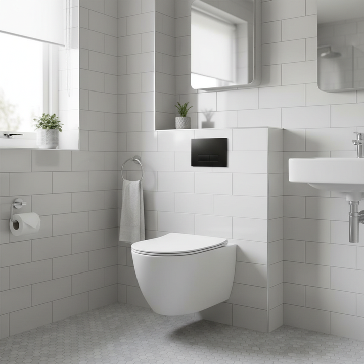 Remo Wall Hung Toilet & SAN85 1.1m Wall Hung WC Frame Deal & Black Flush Plate