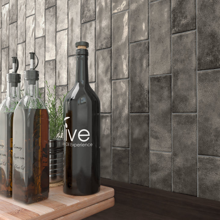 Borgo Crackle  Graphite  6.5 x 20cm White Body Wall Tile - 0.36sqm perbox