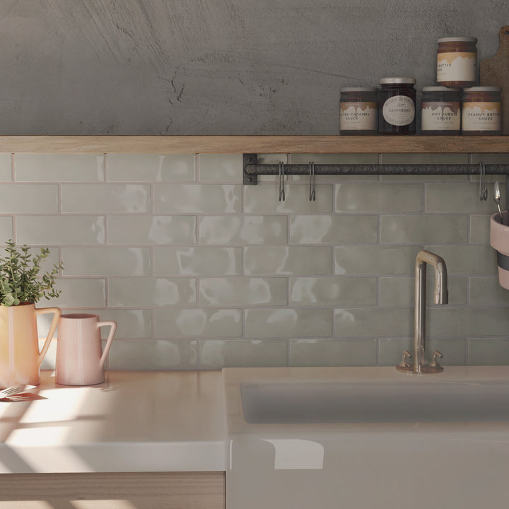 Borgo Glossy Soft Grey  6.5 x 20cm White Body Wall Tile - 0.36sqm perbox
