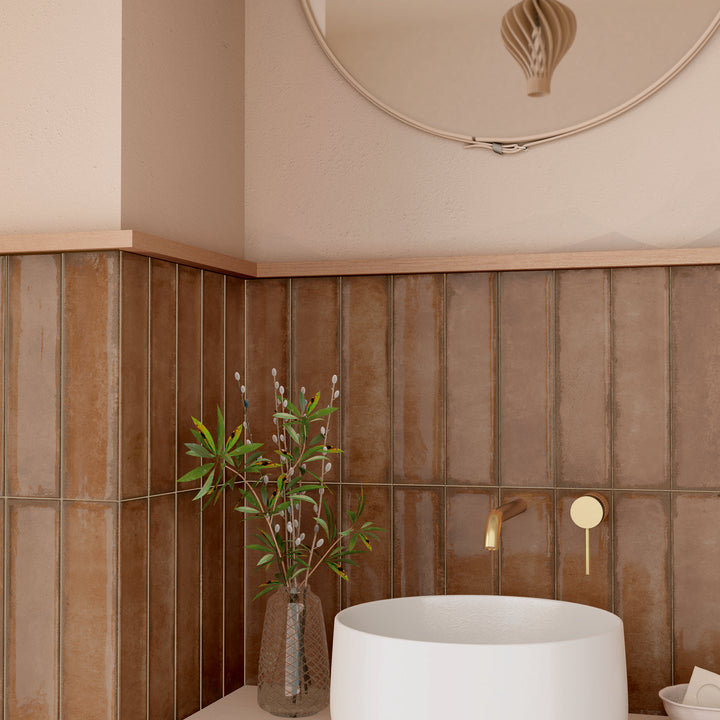 Iris Marron Brown 7.5 x 30cm  Gloss White Body Wall Tile - 0.59sqm perbox