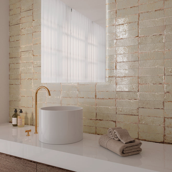 Musa Beige 6.5 x 20cm Beige  Gloss Porcelain Wall Tile - 0.36sqm perbox