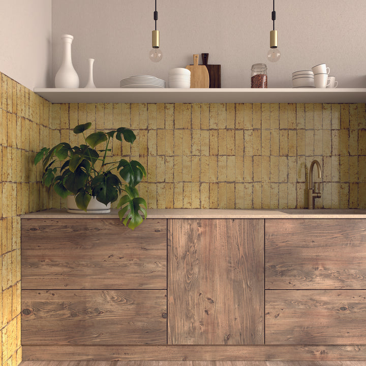 Musa Ocre Mustard 6.5 x 20cm Beige  Gloss Porcelain Wall Tile - 0.36sqm perbox