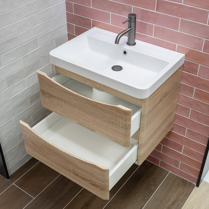 Baltimore 600mm Wall Mounted Vanity Unit & Basin - Bardolino Oak