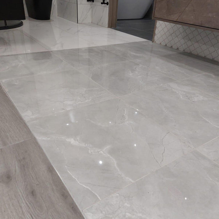 Oxford Grey Marble Effect 60 x 60cm Rectified Polished Porcelain Tile - 1.44sqm perbox
