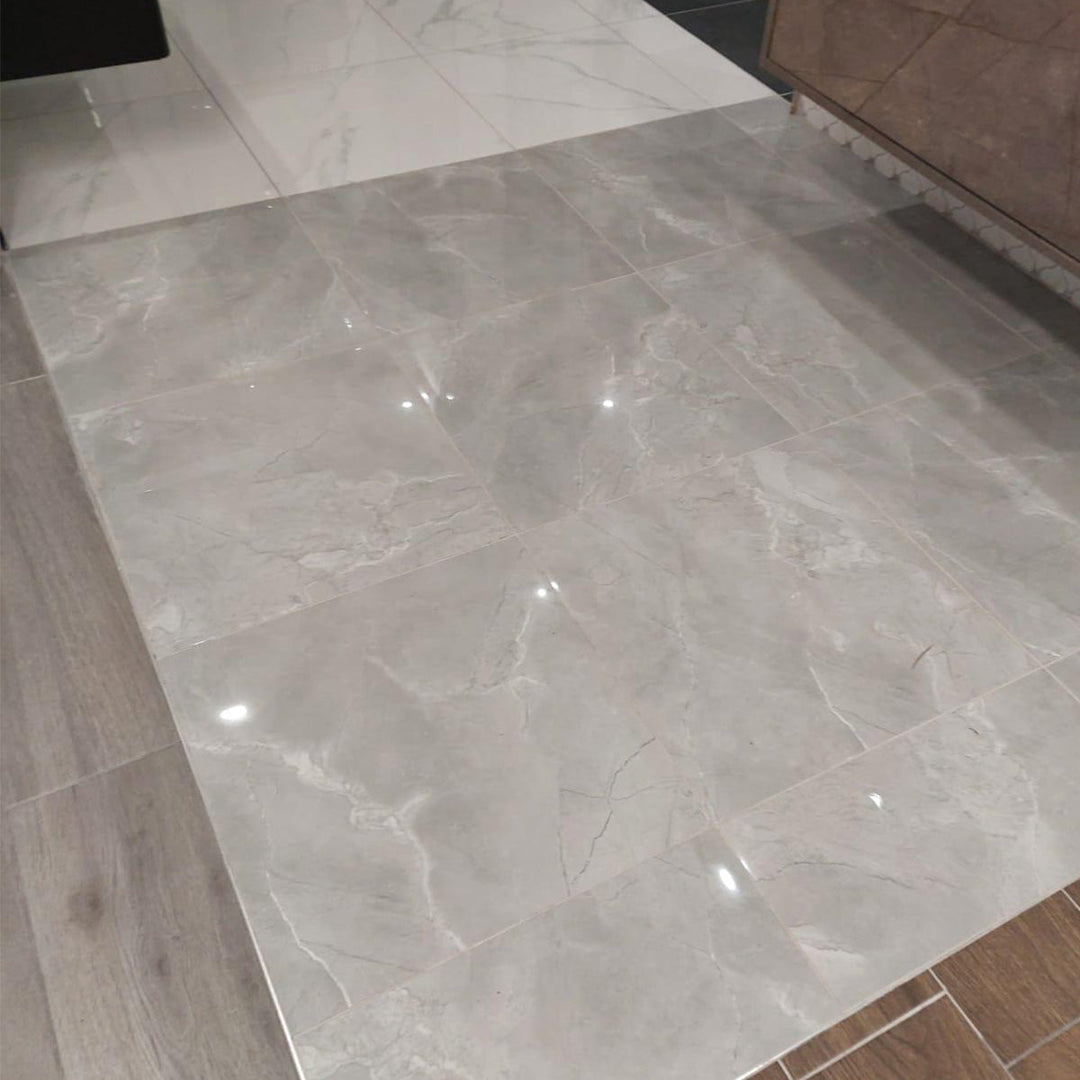 Oxford Grey Marble Effect 60 x 60cm Rectified Polished Porcelain Tile - 1.44sqm perbox