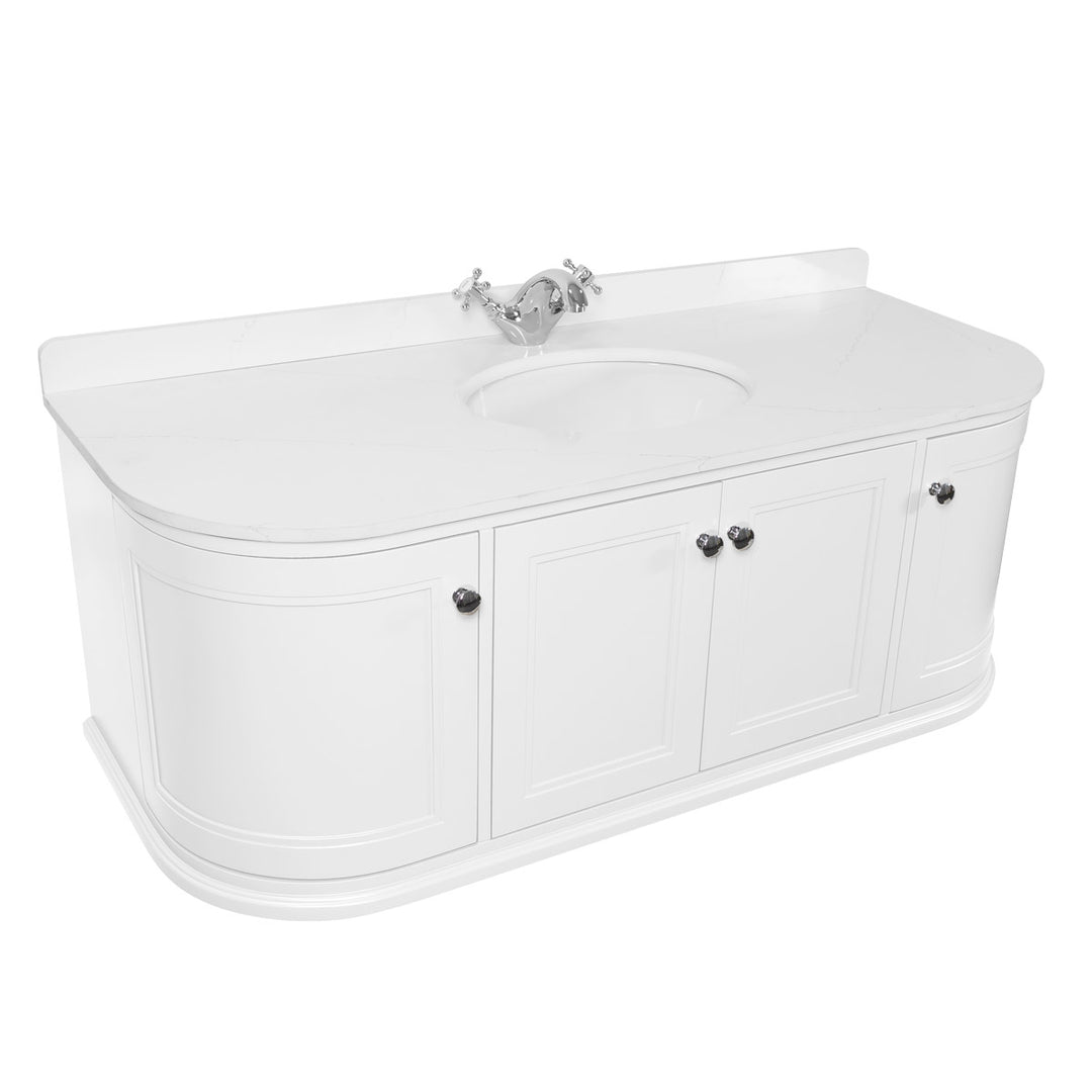 Kingsbury Classic Curved 1200mm Wall Mounted Vanity Unit, Marble Worktop & Ceramic Basin - White