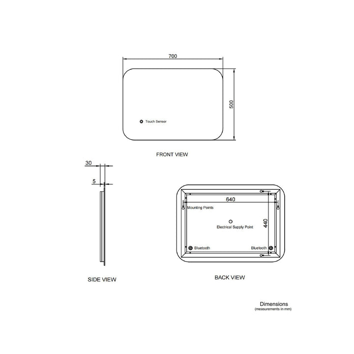 Luca 700 x 500mm Bluetooth LED Mirror with Demister