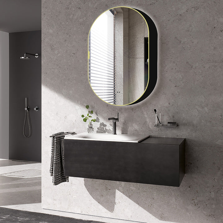 Tablet Backlit LED Mirror Cabinet 800 x 500mm with Demister - Brushed Brass