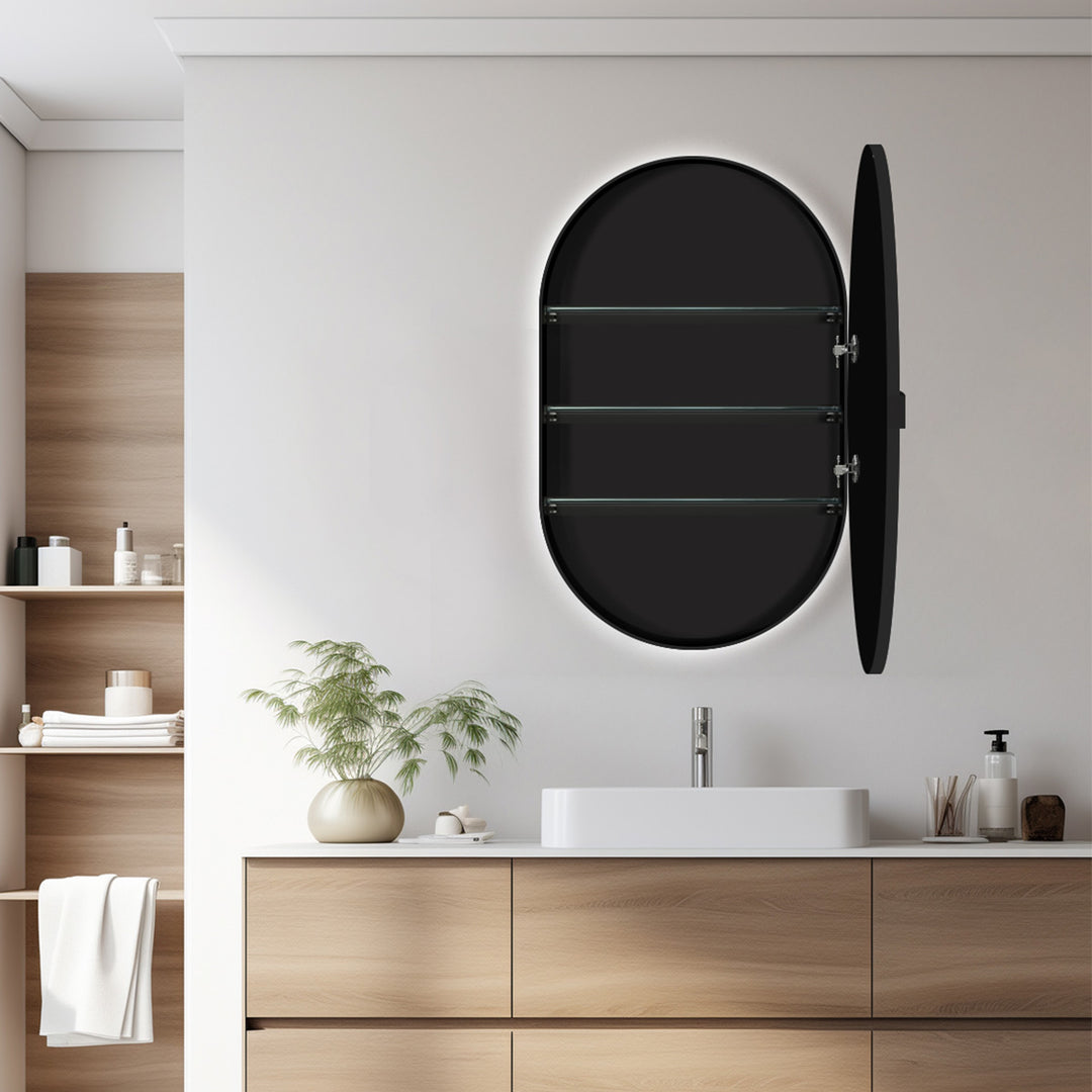 Black Tablet Backlit LED Mirror Cabinet 800 x 500mm with Demister