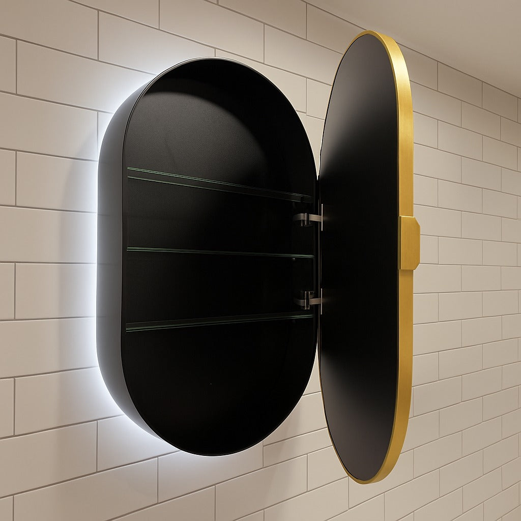 Tablet Backlit LED Mirror Cabinet 800 x 500mm with Demister - Brushed Brass