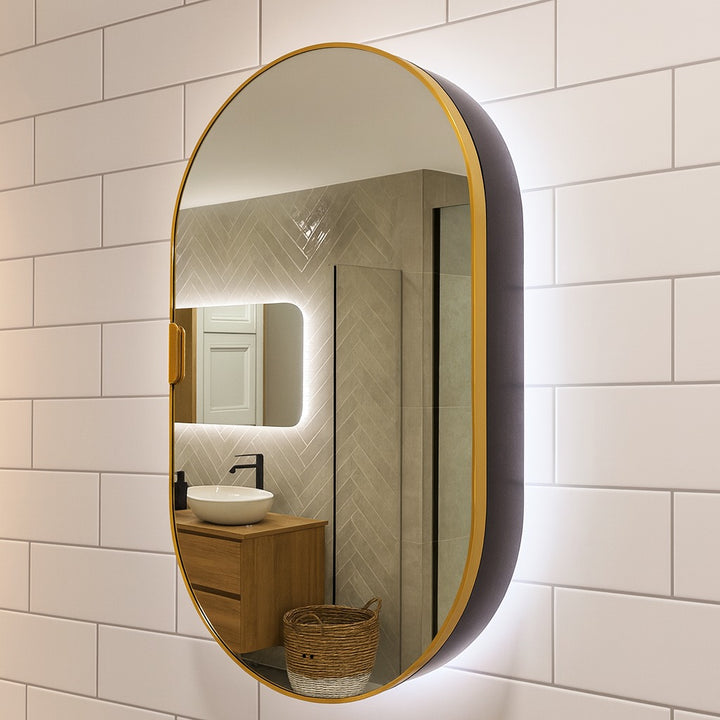 Tablet Backlit LED Mirror Cabinet 800 x 500mm with Demister - Brushed Brass